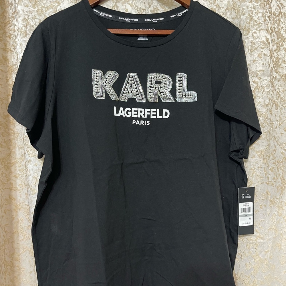 Karl Lagerfeld Black Tee with Pearl Accents